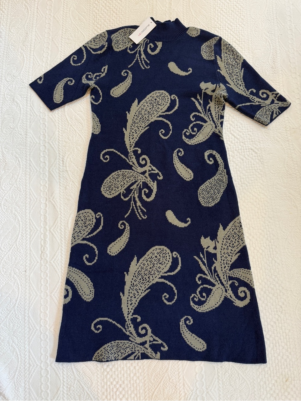 NWT Liz Claiborne Sweater Dress Blue White Paisley Knit Mock Neck 3/4 Sleeve L